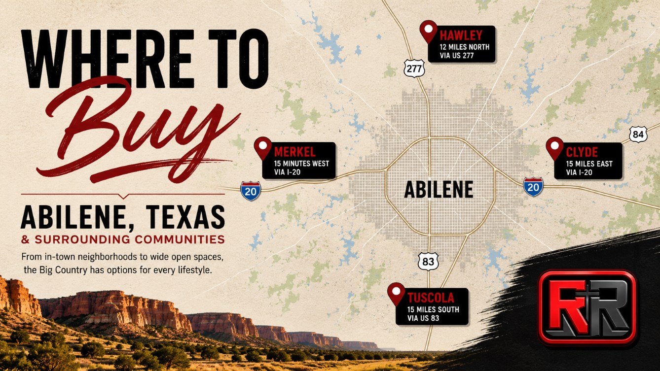 Map of Abilene, Texas highlighting nearby communities Hawley, Merkel, Clyde, and Tuscola with text Where to Buy