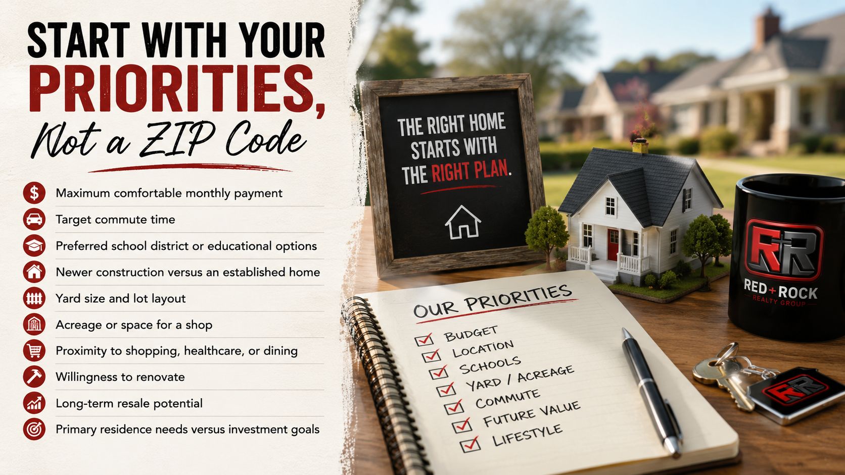 Home buying priorities graphic next to a checklist notebook, model house, keys, and RedRock mug on a desk