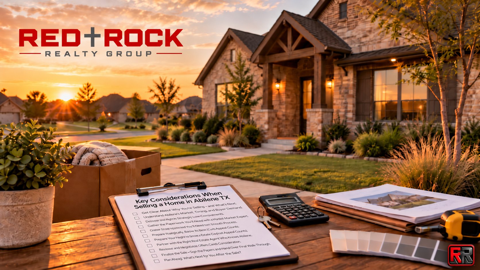 Home selling checklist, keys, and calculator on a table outside a suburban stone house at sunset