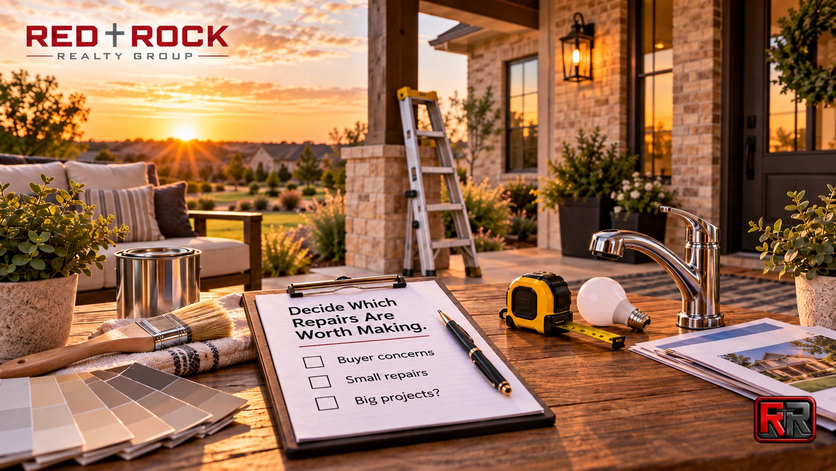 Clipboard reading Decide Which Repairs Are Worth Making next to paint, tools, and a lightbulb on a patio at sunset
